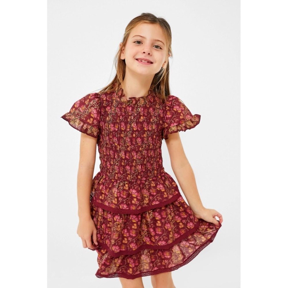 Sea New York Maroon Giulia Short Sleeve Tiered Dress Ruffle Trim Pintuck Sz 14Y